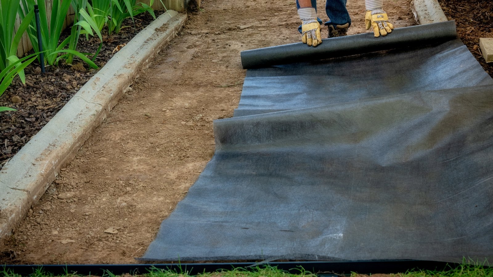 A person spreads a large black cloth on the ground, making sure it is evenly distributed to cover the entire area completely.